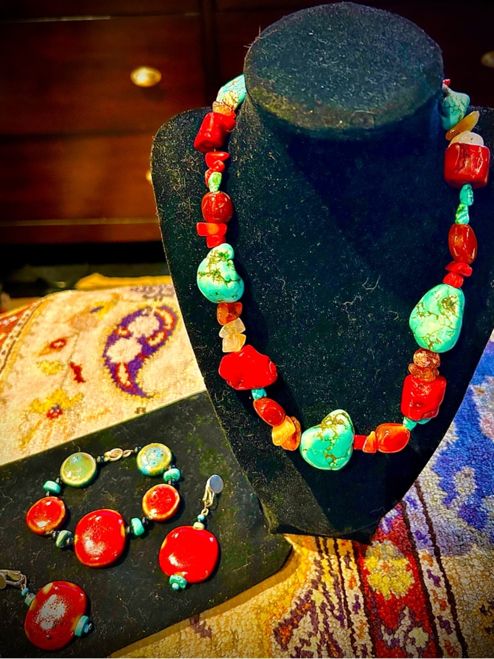 Turquoise and Red Beaded Statement Necklace - Women Jewelry